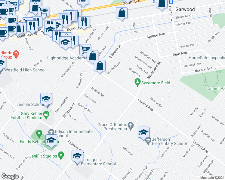 map of restaurants, bars, coffee shops, grocery stores, and more near 863 Carleton Road in Westfield
