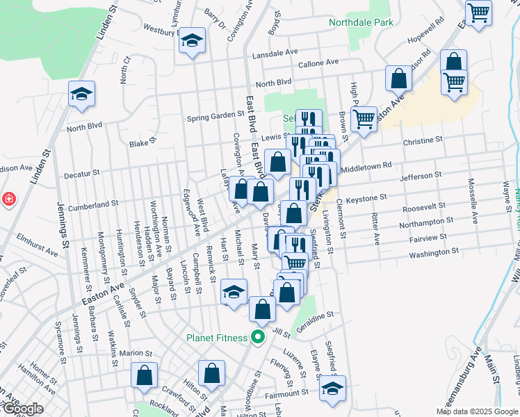 map of restaurants, bars, coffee shops, grocery stores, and more near 2432 Easton Avenue in Bethlehem