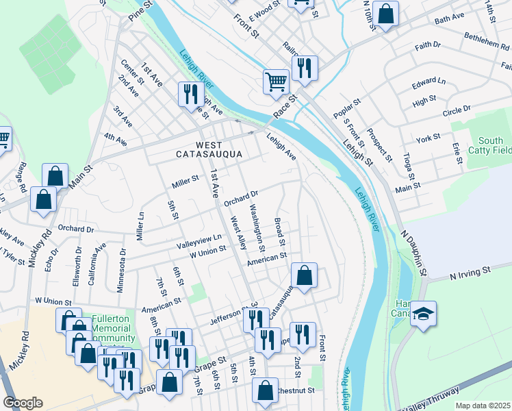 map of restaurants, bars, coffee shops, grocery stores, and more near 1223 Washington Street in Fullerton