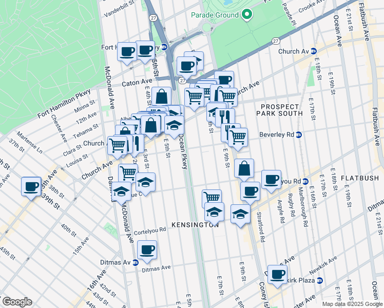 map of restaurants, bars, coffee shops, grocery stores, and more near 280 Ocean Parkway Service Road in Brooklyn