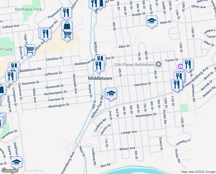 map of restaurants, bars, coffee shops, grocery stores, and more near 1908 2nd Street in Bethlehem