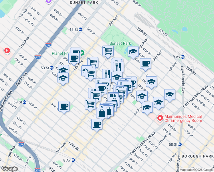 map of restaurants, bars, coffee shops, grocery stores, and more near 4915 7th Avenue in Brooklyn