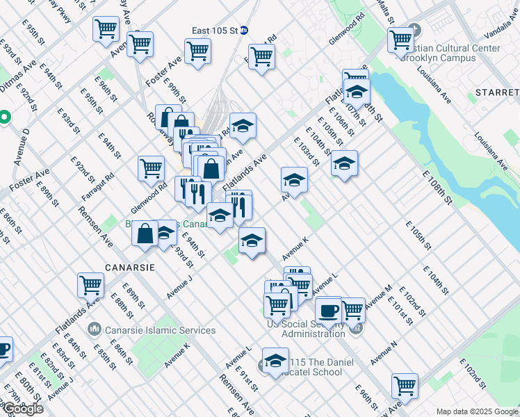 map of restaurants, bars, coffee shops, grocery stores, and more near 1177 East 98th Street in Brooklyn
