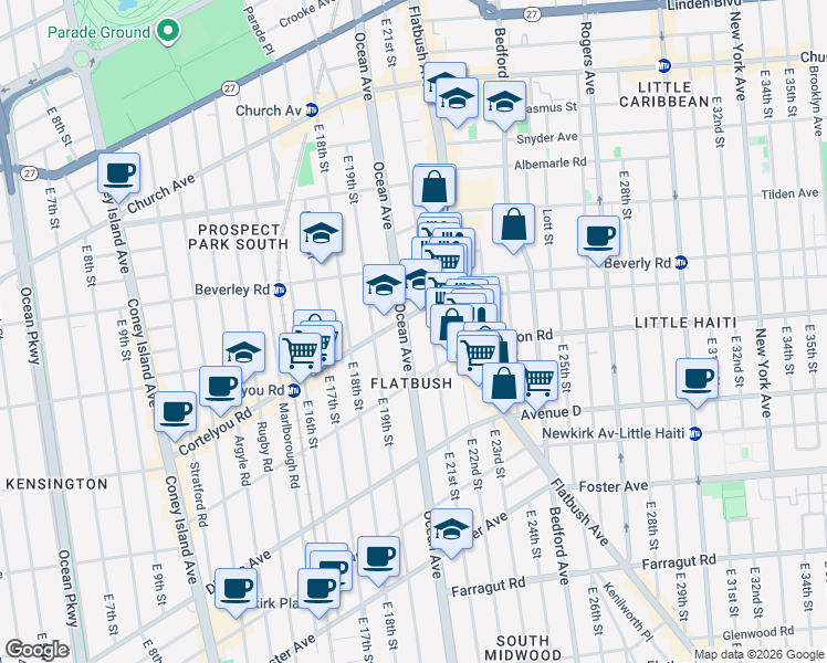 map of restaurants, bars, coffee shops, grocery stores, and more near 801 Ocean Avenue in Brooklyn