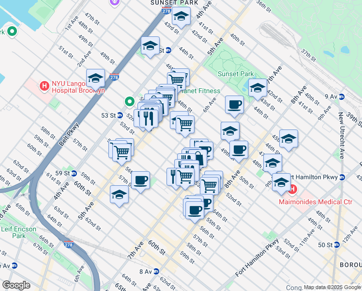 map of restaurants, bars, coffee shops, grocery stores, and more near 5017 6th Avenue in Brooklyn
