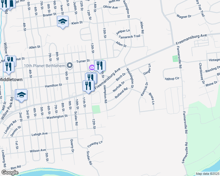 map of restaurants, bars, coffee shops, grocery stores, and more near 3932 Birch Drive in Bethlehem
