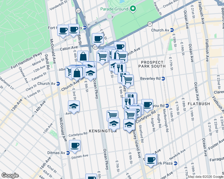 map of restaurants, bars, coffee shops, grocery stores, and more near 288 East 8th Street in Brooklyn