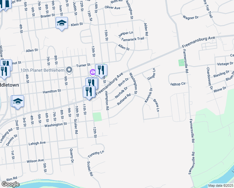 map of restaurants, bars, coffee shops, grocery stores, and more near 3939 Norfolk Drive in Bethlehem