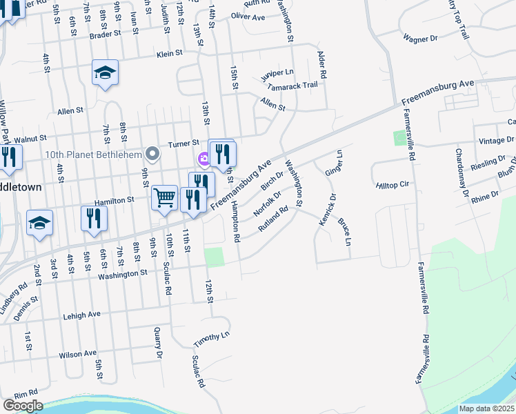 map of restaurants, bars, coffee shops, grocery stores, and more near 3939 Norfolk Drive in Bethlehem