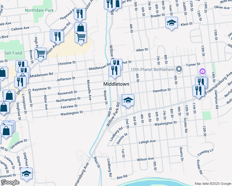 map of restaurants, bars, coffee shops, grocery stores, and more near 1927 Willow Park Road in Bethlehem