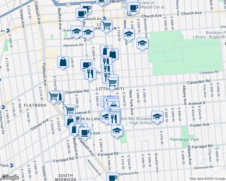 map of restaurants, bars, coffee shops, grocery stores, and more near 3010 Clarendon Road in Brooklyn