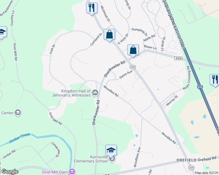 map of restaurants, bars, coffee shops, grocery stores, and more near 3339 Woodlea Road in Lehigh County