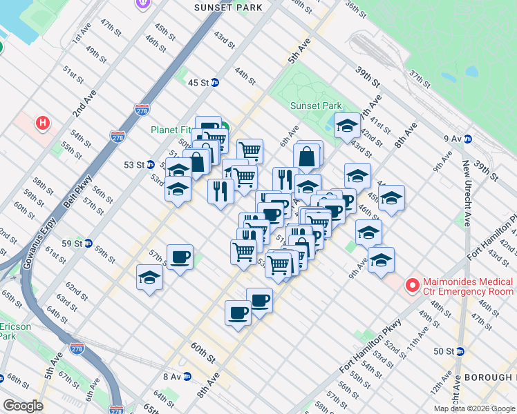 map of restaurants, bars, coffee shops, grocery stores, and more near 634 50th Street in Brooklyn