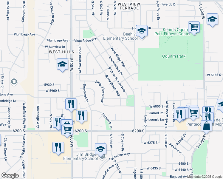 map of restaurants, bars, coffee shops, grocery stores, and more near 5355 Stony Brook Circle in Salt Lake City