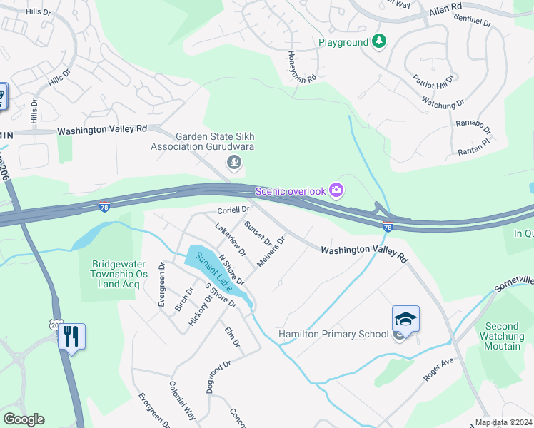 map of restaurants, bars, coffee shops, grocery stores, and more near 1021 Sunset Drive in Basking Ridge
