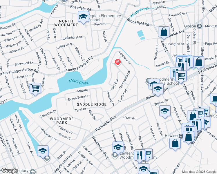 map of restaurants, bars, coffee shops, grocery stores, and more near 969 East End in Woodmere
