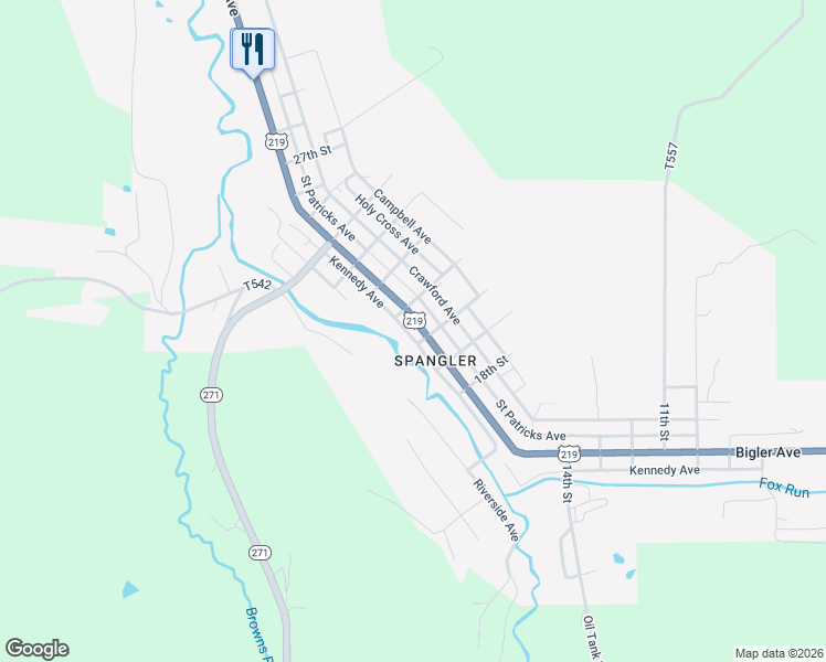 map of restaurants, bars, coffee shops, grocery stores, and more near 1700 Kennedy Ave in Spangler