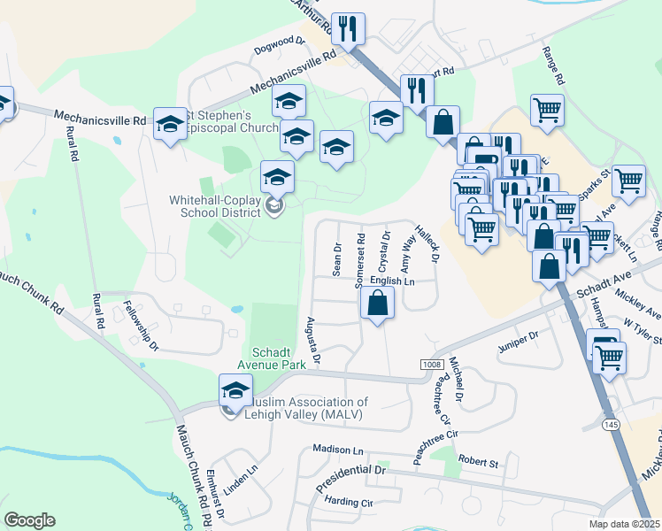 map of restaurants, bars, coffee shops, grocery stores, and more near 2610 Sean Drive in Lehigh County