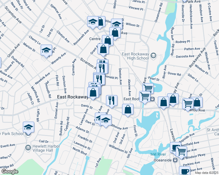 map of restaurants, bars, coffee shops, grocery stores, and more near 21 Phipps Avenue in East Rockaway
