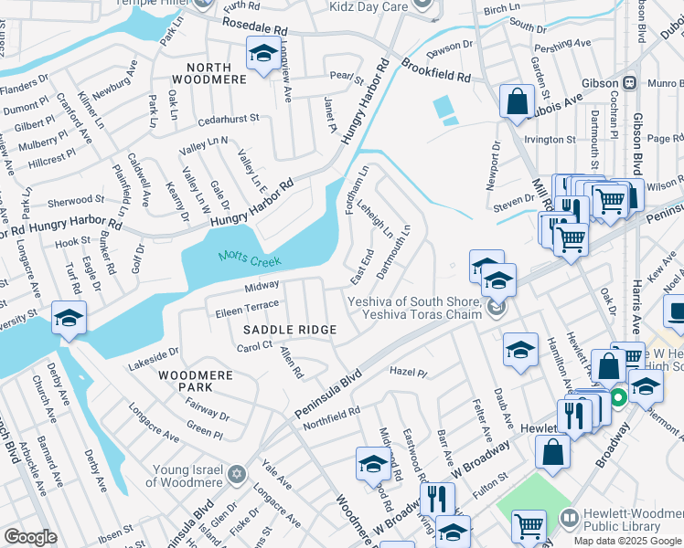 map of restaurants, bars, coffee shops, grocery stores, and more near 969 East End in Woodmere