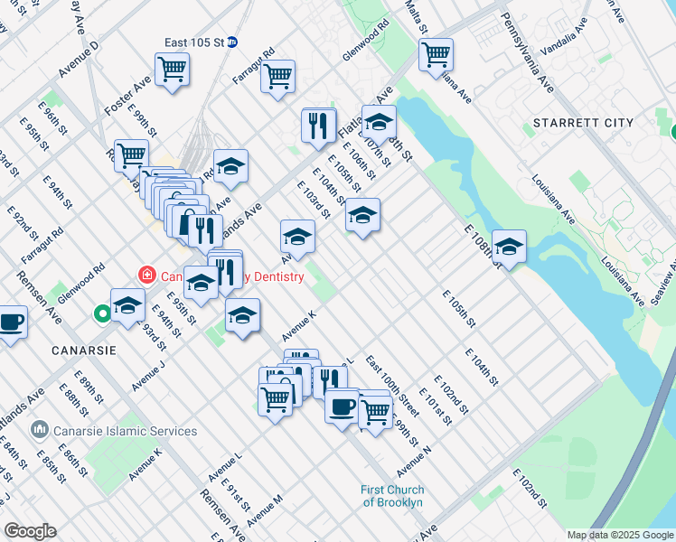 map of restaurants, bars, coffee shops, grocery stores, and more near East 100th Street in Brooklyn