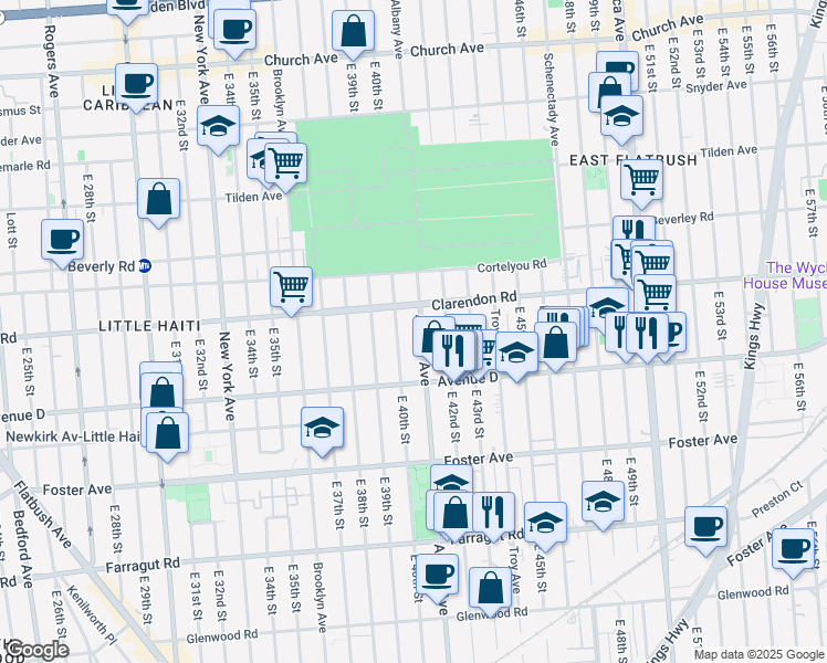 map of restaurants, bars, coffee shops, grocery stores, and more near 1269 Albany Avenue in Brooklyn