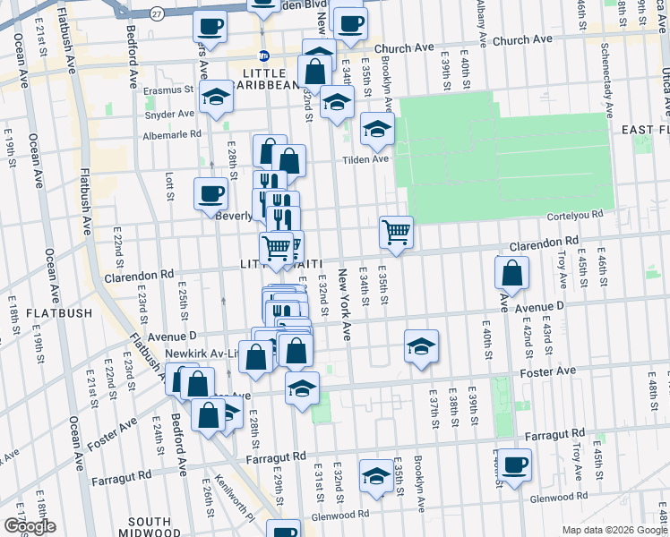 map of restaurants, bars, coffee shops, grocery stores, and more near 1245 New York Avenue in Brooklyn