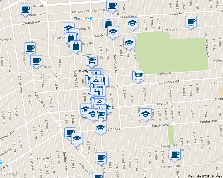 map of restaurants, bars, coffee shops, grocery stores, and more near 332 East 32nd Street in Brooklyn