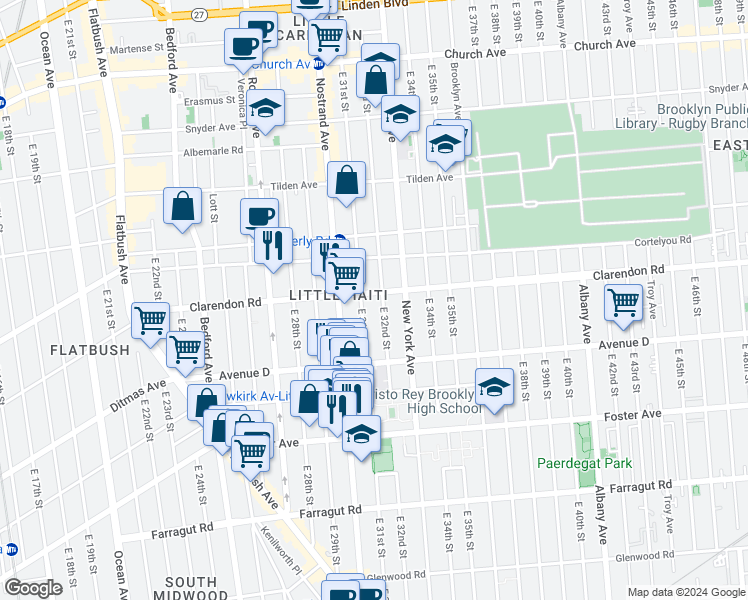 map of restaurants, bars, coffee shops, grocery stores, and more near 332 East 32nd Street in Brooklyn
