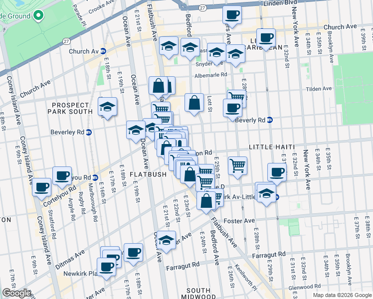 map of restaurants, bars, coffee shops, grocery stores, and more near 2242 Clarendon Road in Brooklyn
