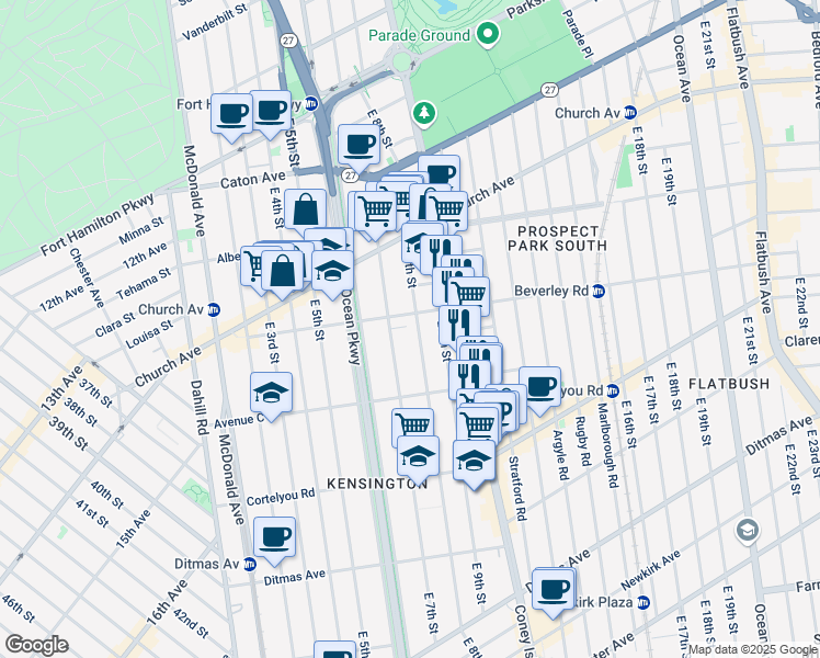 map of restaurants, bars, coffee shops, grocery stores, and more near 387 East 7th Street in Brooklyn