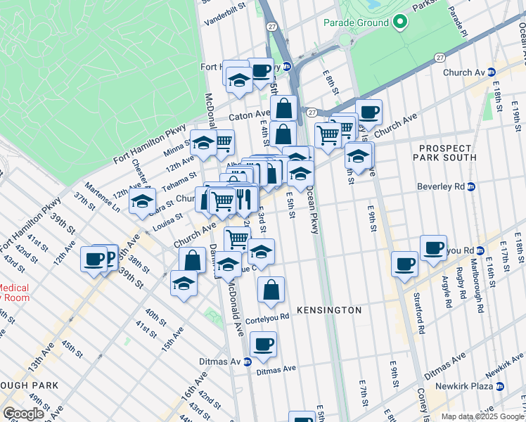 map of restaurants, bars, coffee shops, grocery stores, and more near 389 East 3rd Street in Brooklyn
