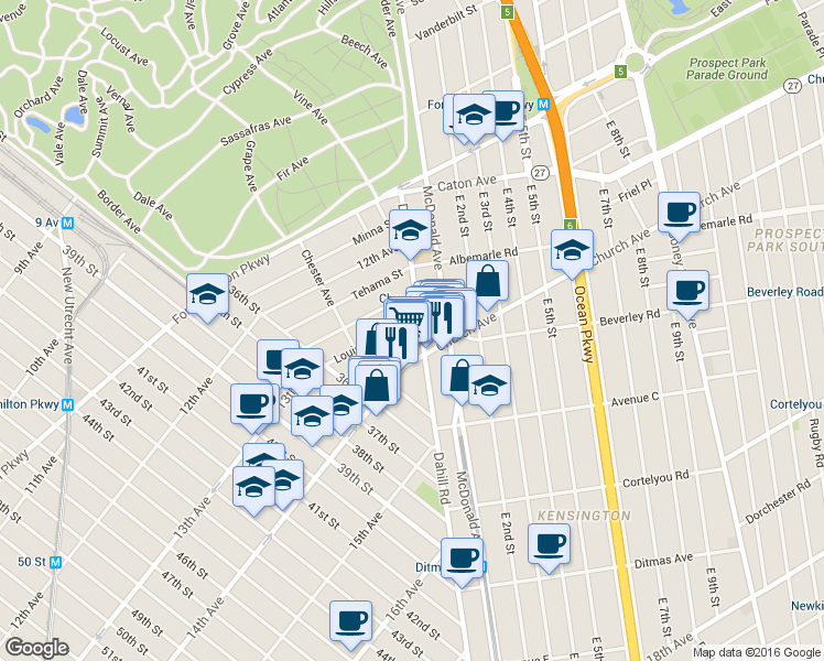 map of restaurants, bars, coffee shops, grocery stores, and more near 25 Story Court in Brooklyn