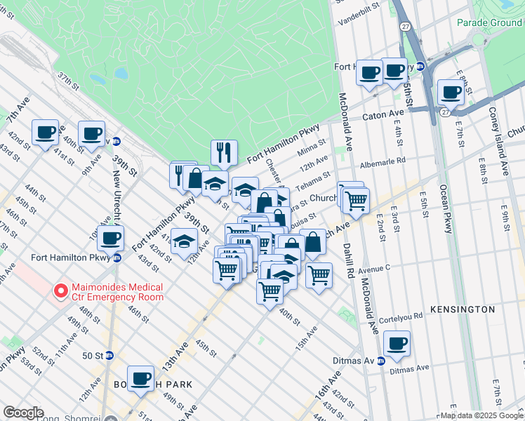 map of restaurants, bars, coffee shops, grocery stores, and more near 1247 37th Street in Brooklyn