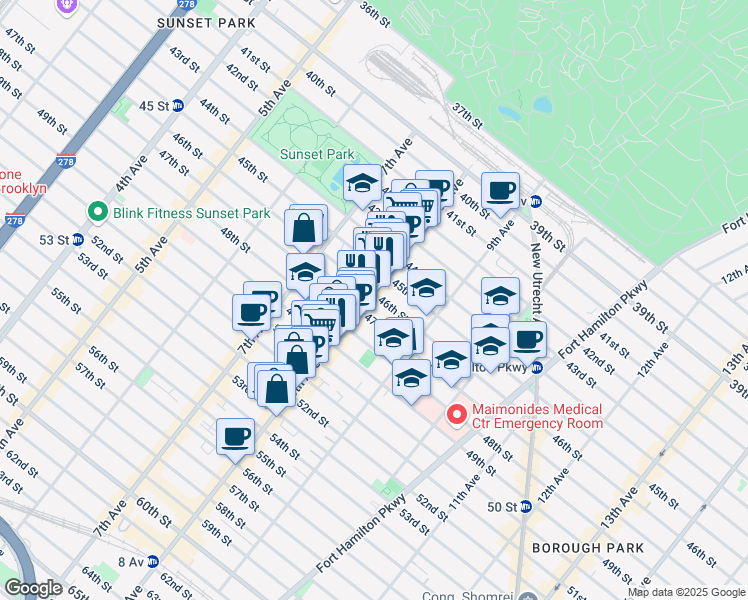 map of restaurants, bars, coffee shops, grocery stores, and more near 829 47th Street in Brooklyn
