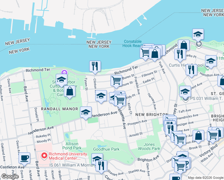 map of restaurants, bars, coffee shops, grocery stores, and more near 100 Lafayette Avenue in Staten Island