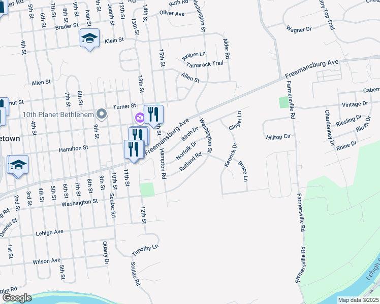 map of restaurants, bars, coffee shops, grocery stores, and more near 3944 Norfolk Drive in Bethlehem