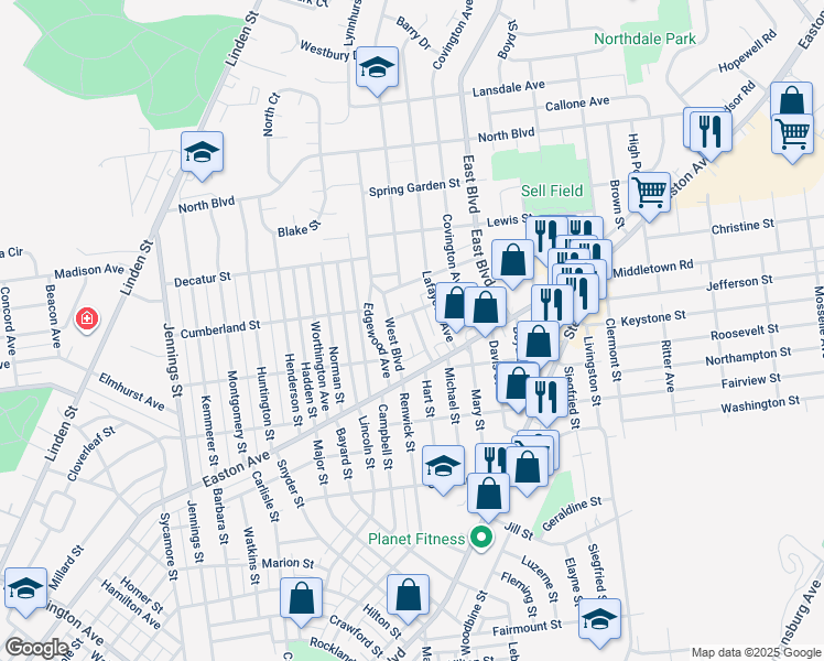 map of restaurants, bars, coffee shops, grocery stores, and more near 2137 Lexington Avenue in Bethlehem