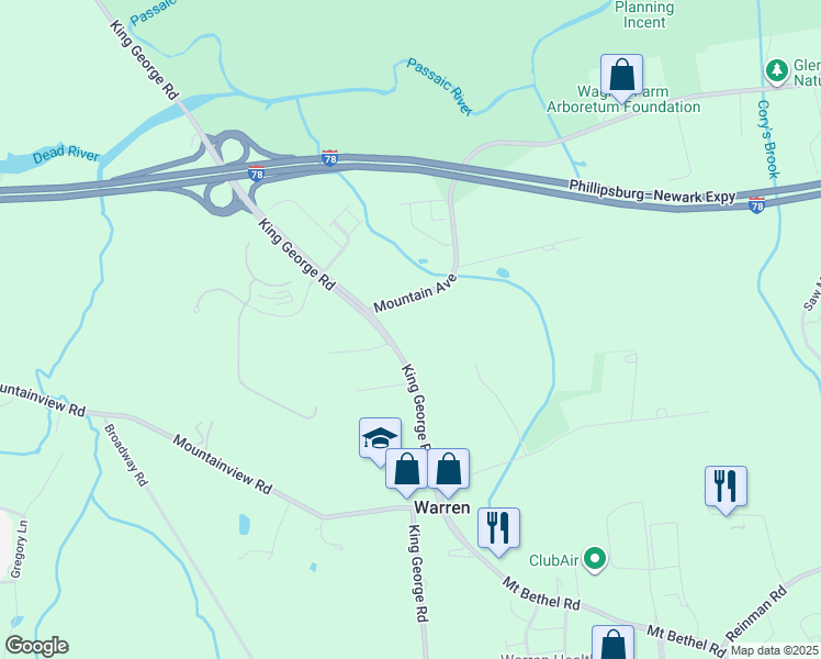 map of restaurants, bars, coffee shops, grocery stores, and more near King George Road in Somerset County