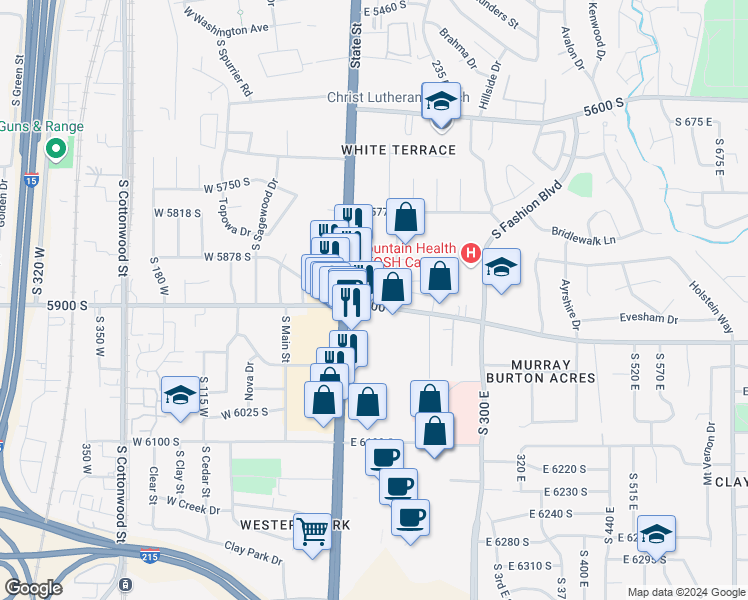 map of restaurants, bars, coffee shops, grocery stores, and more near 161 East 5900 South in Murray