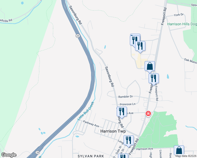 map of restaurants, bars, coffee shops, grocery stores, and more near 2857 North Meadow Street in Natrona Heights