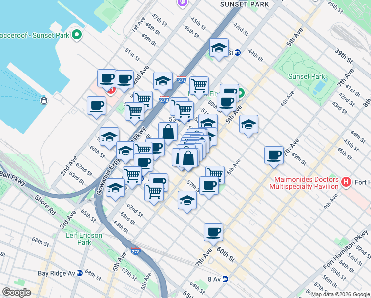 map of restaurants, bars, coffee shops, grocery stores, and more near 443 55th Street in Brooklyn