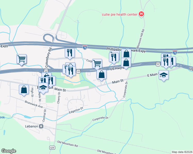 map of restaurants, bars, coffee shops, grocery stores, and more near 602 Clark Road in Lebanon