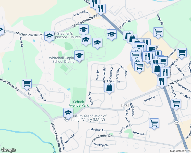 map of restaurants, bars, coffee shops, grocery stores, and more near 2610 Sean Drive in Lehigh County