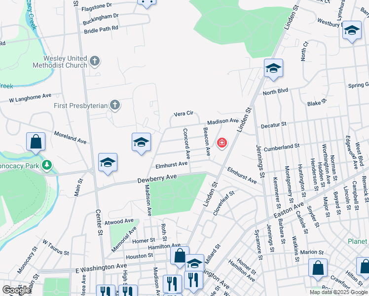 map of restaurants, bars, coffee shops, grocery stores, and more near 493 Forrest Avenue in Bethlehem