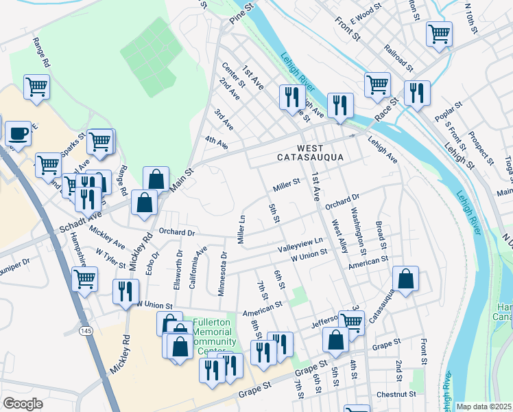 map of restaurants, bars, coffee shops, grocery stores, and more near 575 Miller Lane in Fullerton