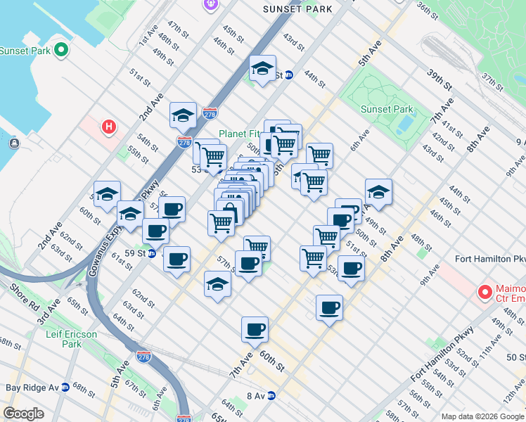 map of restaurants, bars, coffee shops, grocery stores, and more near 537 54th Street in Brooklyn