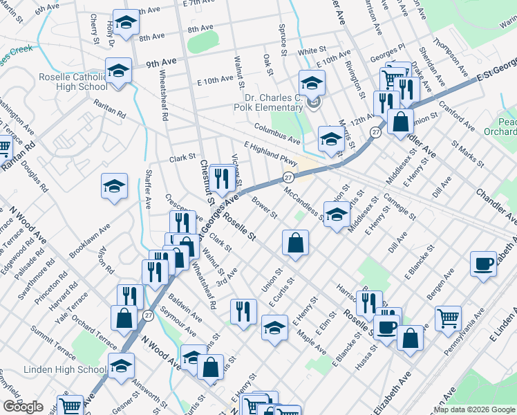 map of restaurants, bars, coffee shops, grocery stores, and more near 612 Pierce Avenue in Linden