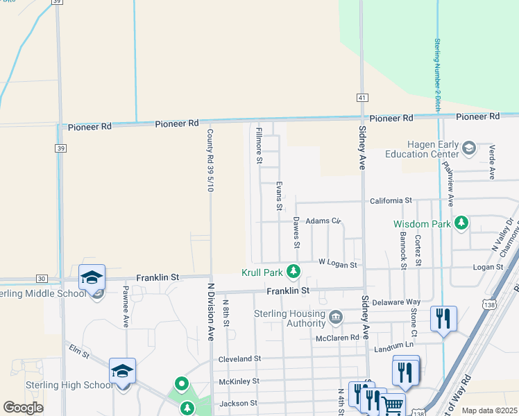 map of restaurants, bars, coffee shops, grocery stores, and more near 1503 Fillmore Street in Sterling