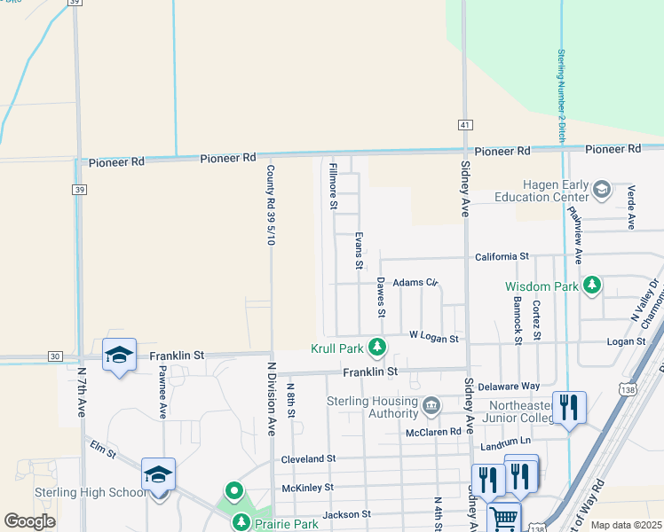 map of restaurants, bars, coffee shops, grocery stores, and more near 1503 Fillmore Street in Sterling